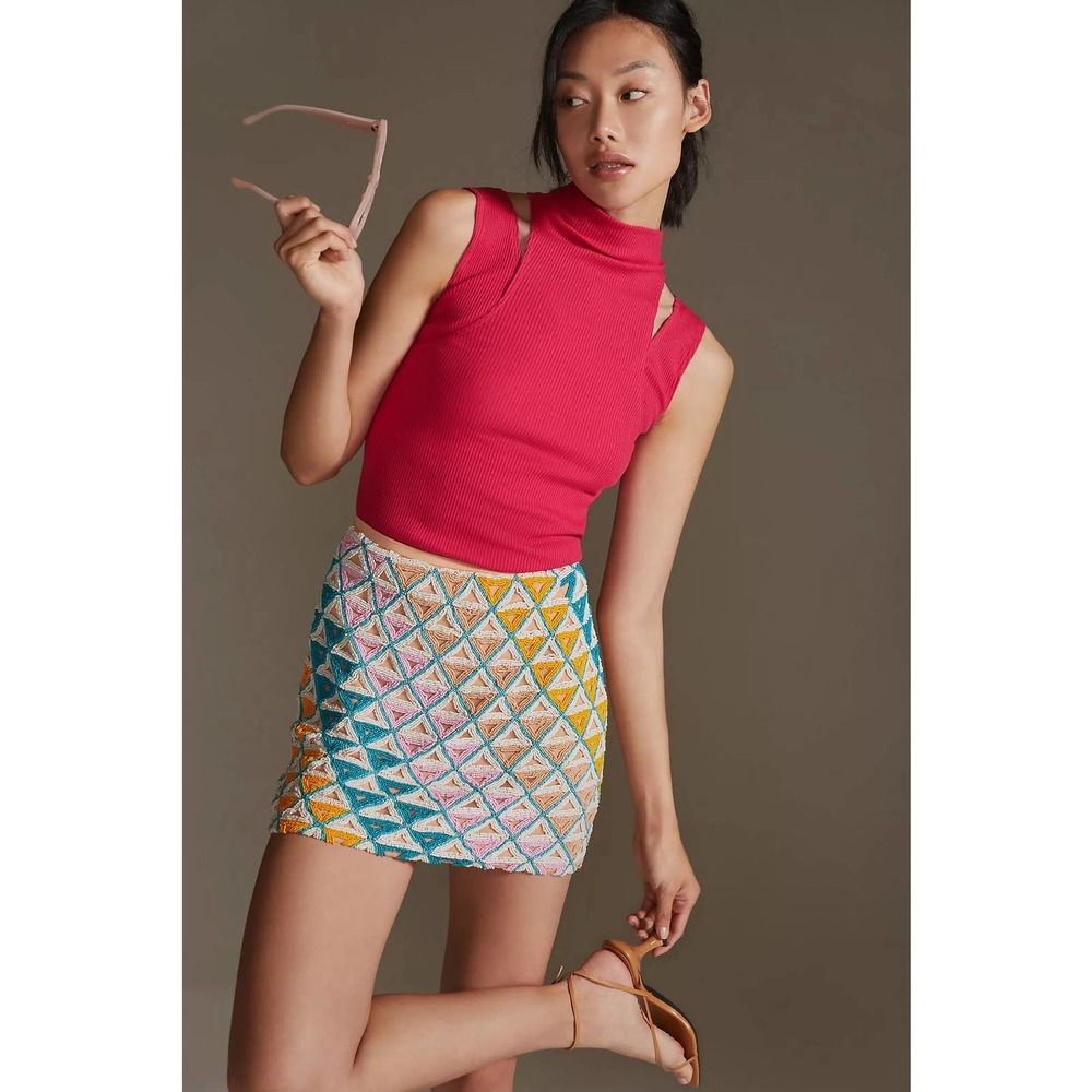 Anthropologie NWT Layered Cutout Tank Womens Sz Lg Pink Mock Neck Ribbed
